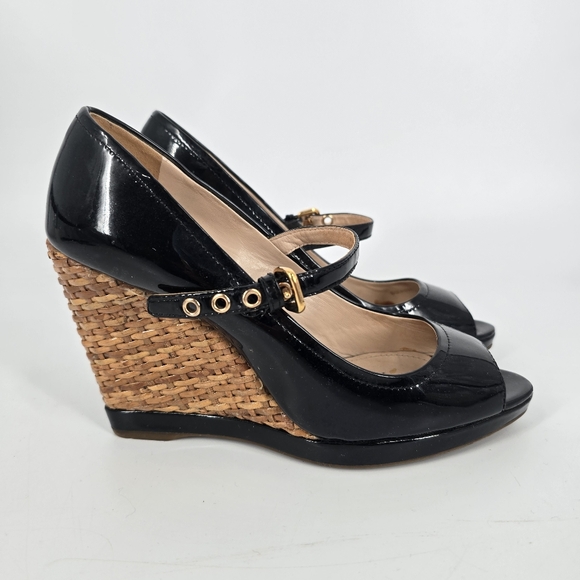 Prada Black Patent Leather Peep Toe Wedges Size 37 Buckle Wicker Wedge - Picture 1 of 8